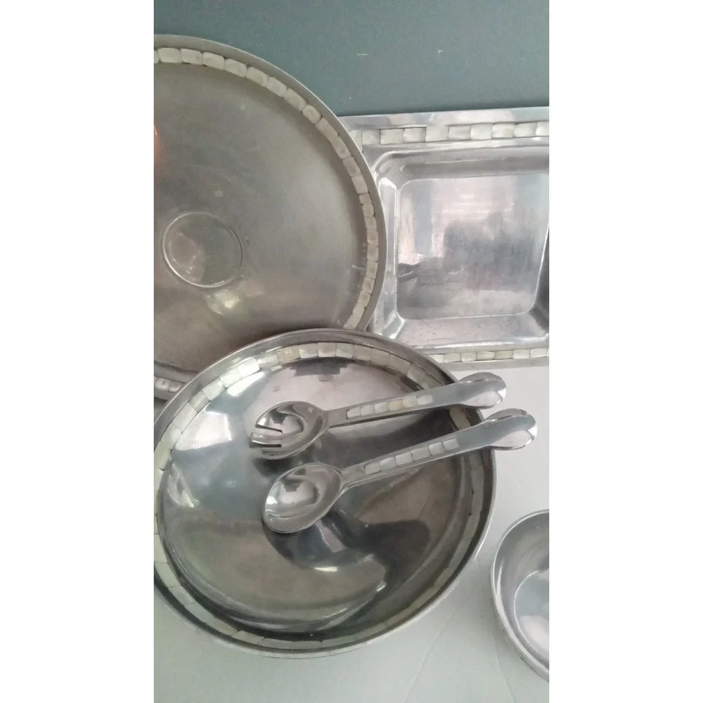 Towel Mother‎ of Pearl Inlay Serving Set Bowl Tray Spoon Vintage